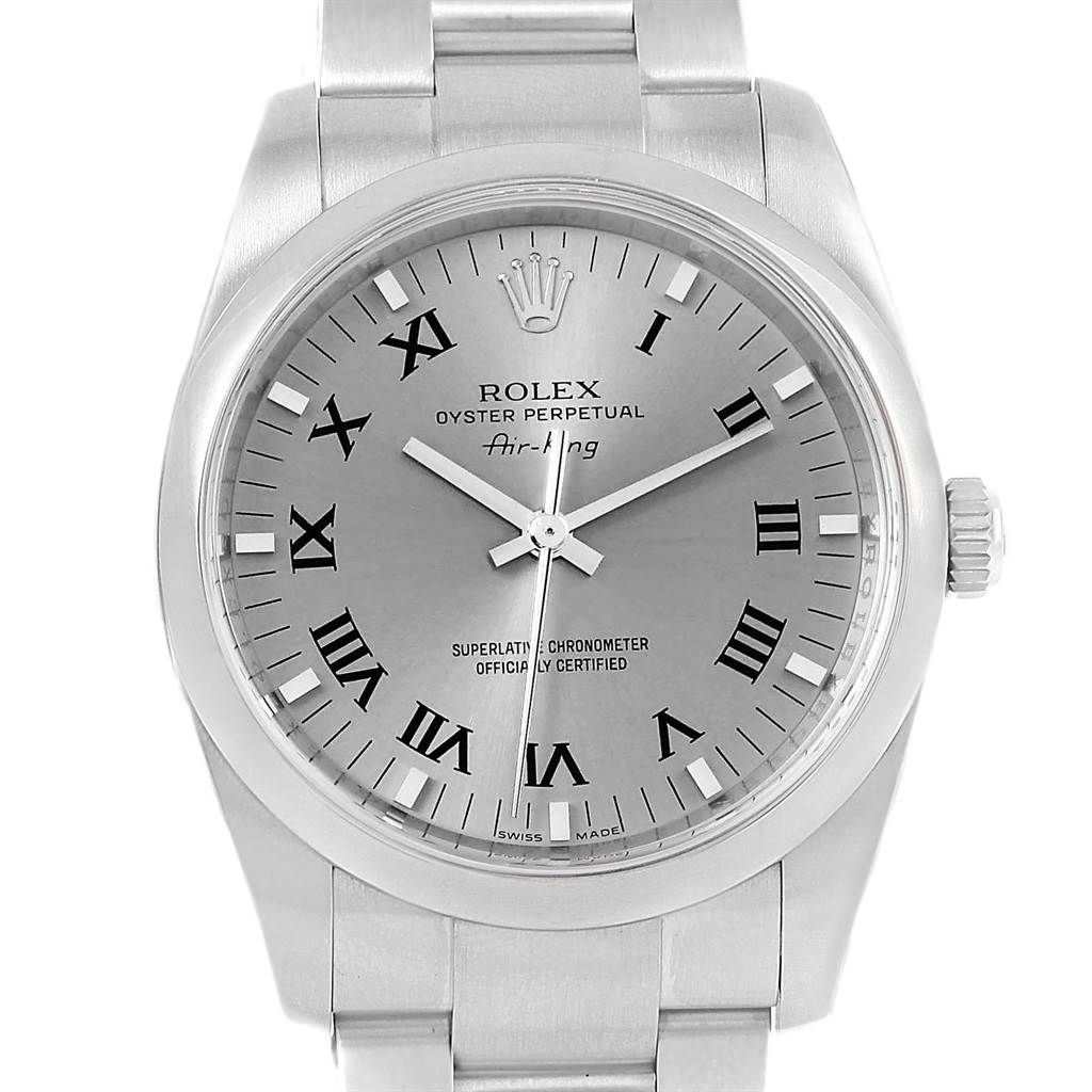 This image shows a front view of the Rolex Air-King 114200 Stainless Steel White Dial 114200 Stainless Steel White Dial watch, displaying the face, hands, bracelet, and crown.