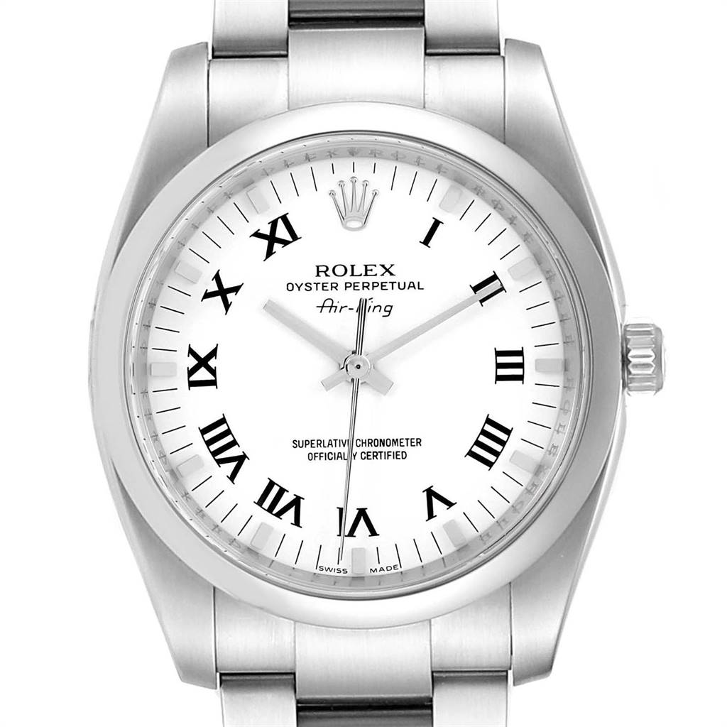 The image shows a front view of the Rolex Air-King 114200 Men's Stainless Steel White Dial 114200 Men's Stainless Steel White Dial watch displaying its face, crown, and part of the bracelet.