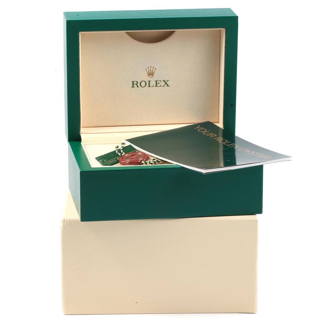 The image shows the box, booklet, and accessory tags for a Rolex Air-King 114200 Men's Stainless Steel White Dial 114200 Men's Stainless Steel White Dial model from a front angle.