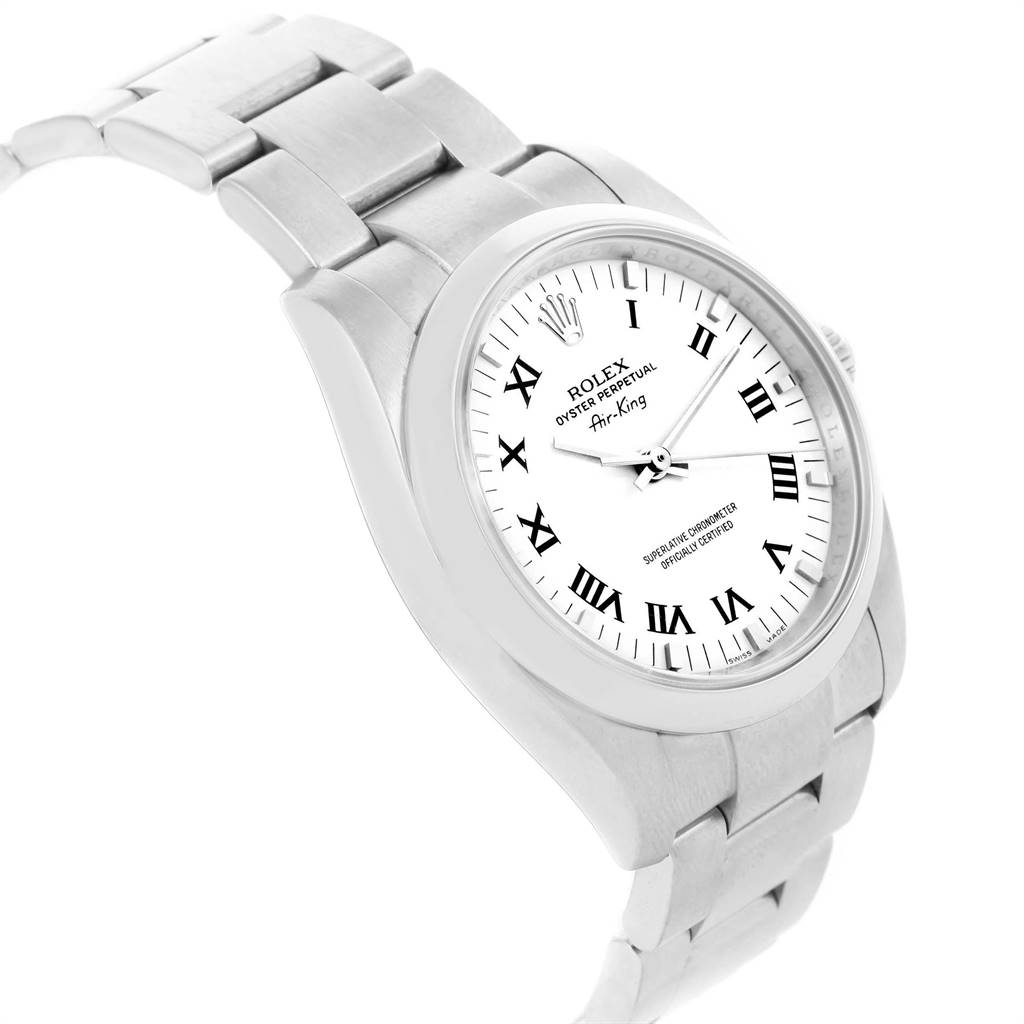 The image shows a Rolex Air-King 114200 Men's Stainless Steel White Dial 114200 Men's Stainless Steel White Dial watch from a top-side angle, highlighting the dial, bezel, and part of the bracelet.