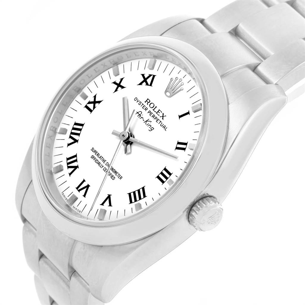 The image displays a Rolex Air-King 114200 Men's Stainless Steel White Dial 114200 Men's Stainless Steel White Dial watch from a side angle, highlighting the dial, bezel, and part of the bracelet.