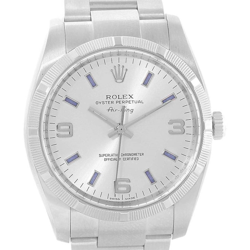 Rolex Air King Silver Dial Blue Markers Steel Mens Watch 114210 SwissWatchExpo
