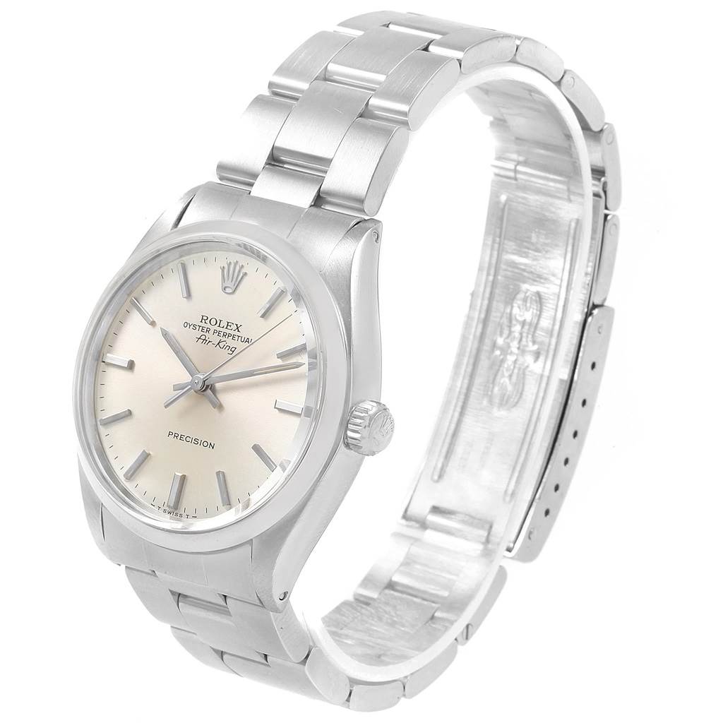 The Rolex Air-King 5500 Men's Stainless Steel Silver Dial 5500 Men's Stainless Steel Silver Dial watch is shown at a slight angle, displaying its face, dial, crown, and bracelet.
