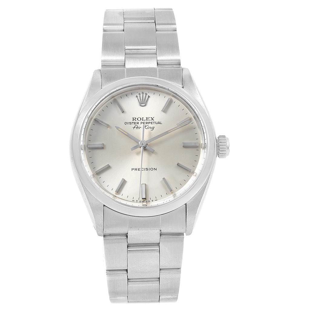 This image shows a front view of the Rolex Air-King 5500 Men's Stainless Steel Silver Dial 5500 Men's Stainless Steel Silver Dial watch, displaying its face, bezel, crown, and bracelet.