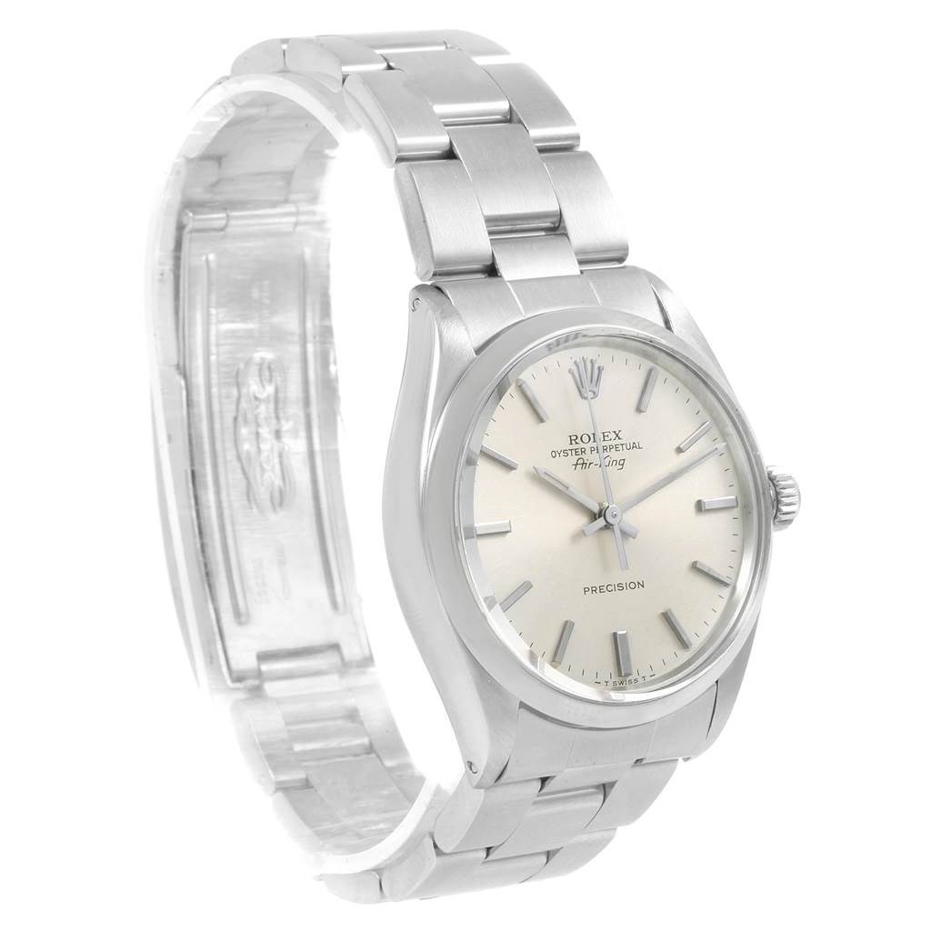 The image shows a Rolex Air-King 5500 Men's Stainless Steel Silver Dial 5500 Men's Stainless Steel Silver Dial watch at a three-quarter angle, highlighting the case, dial, bezel, and bracelet.
