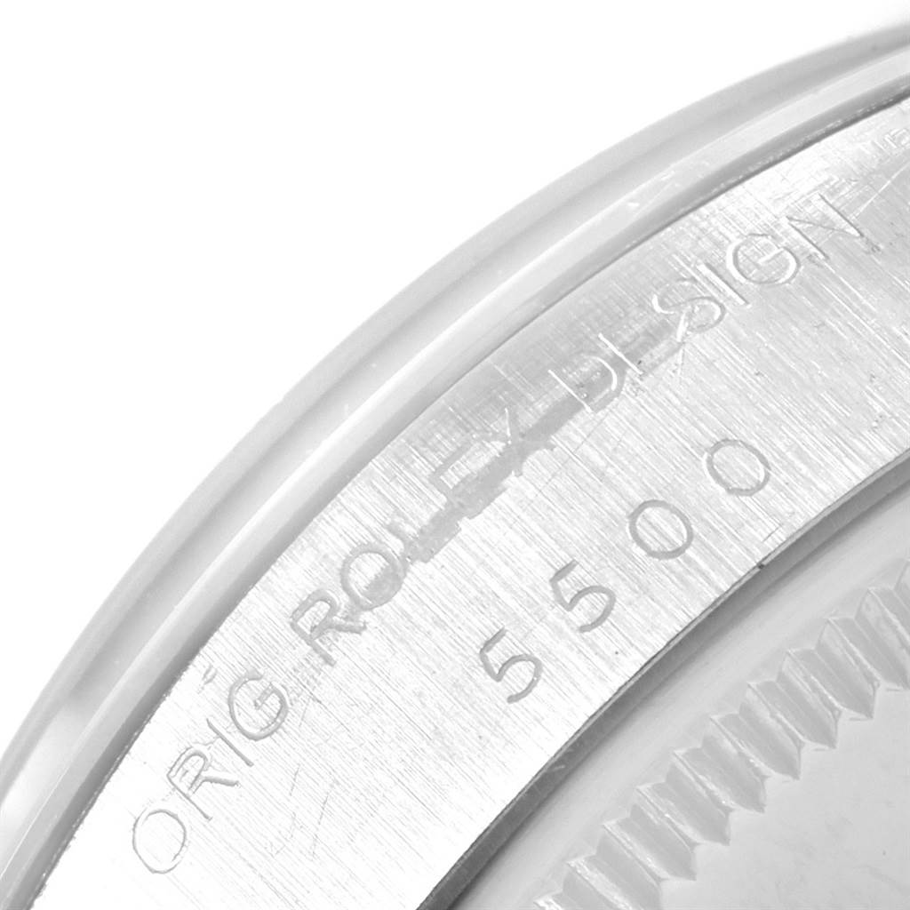 This image shows a close-up of the side of the bezel on a Rolex Air-King 5500 Men's Stainless Steel Silver Dial 5500 Men's Stainless Steel Silver Dial model, focusing on the engraved model number 5500.