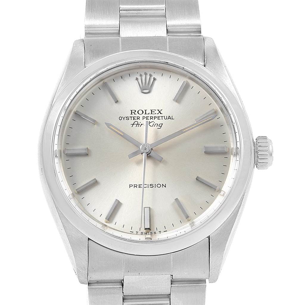 The image shows a close-up view of the Rolex Air-King 5500 Men's Stainless Steel Silver Dial 5500 Men's Stainless Steel Silver Dial watch, highlighting the face, bezel, crown, and part of the metal band.