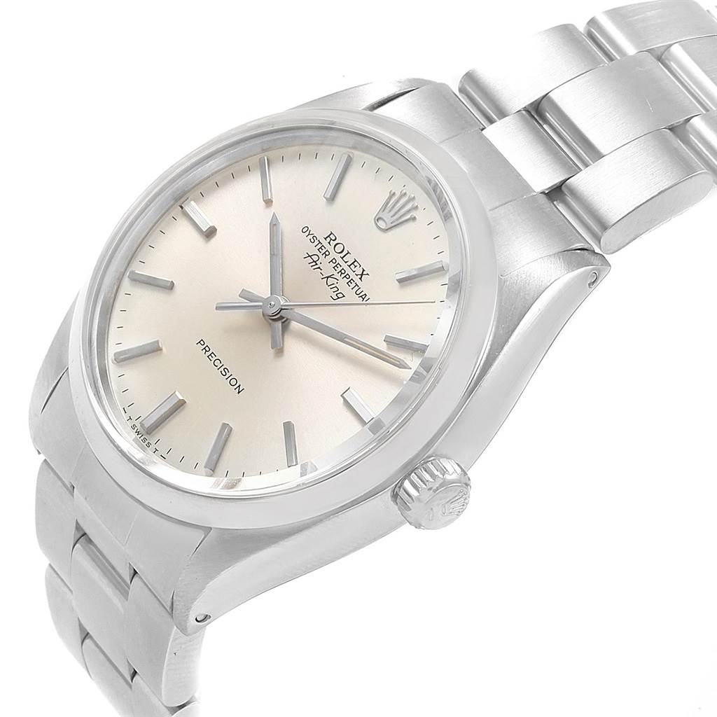 This image shows a Rolex Air-King 5500 Men's Stainless Steel Silver Dial 5500 Men's Stainless Steel Silver Dial watch at a slight angle, revealing the dial, case, crown, and part of the bracelet.