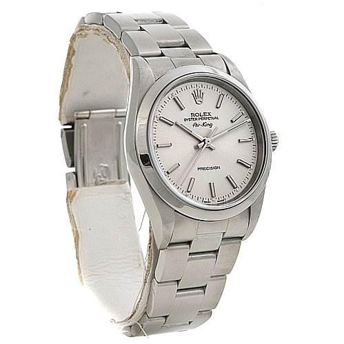 The image shows a front-side view of a Rolex Air-King 14000 Men's Stainless Steel Silver Dial 14000 Men's Stainless Steel Silver Dial watch, highlighting the face, bezel, bracelet, and clasp.
