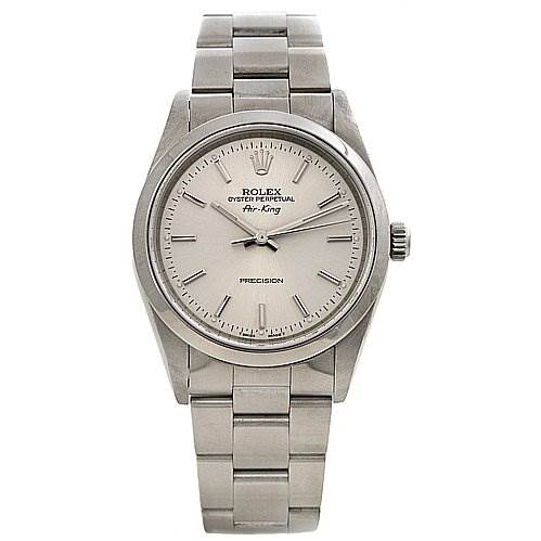 The image shows a front view of a Rolex Air-King 14000 Men's Stainless Steel Silver Dial 14000 Men's Stainless Steel Silver Dial watch, displaying its dial, bezel, case, and bracelet.