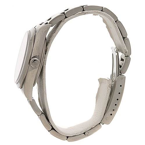 This side view shows the case, crown, and bracelet of the Rolex Air-King 14000 Men's Stainless Steel Silver Dial 14000 Men's Stainless Steel Silver Dial model watch.