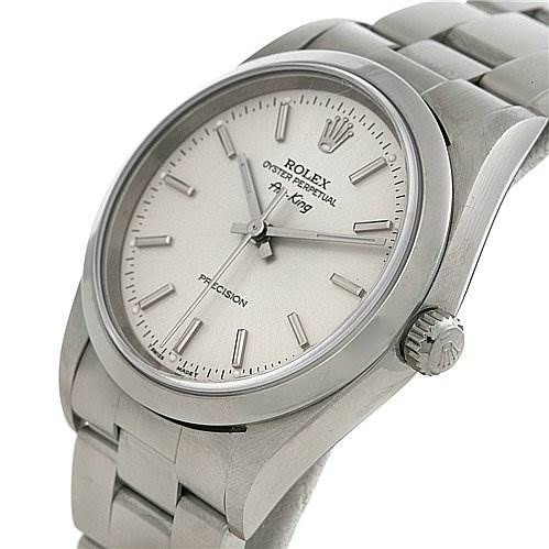The image shows a Rolex Air-King 14000 Men's Stainless Steel Silver Dial 14000 Men's Stainless Steel Silver Dial watch at an angle, highlighting the dial, crown, and part of the metal bracelet.