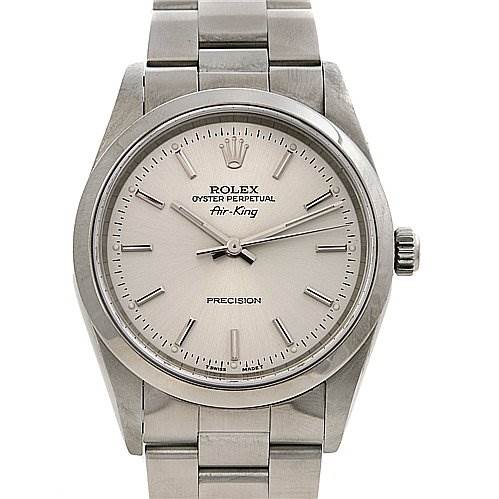 The image shows a front view of the Rolex Air-King 14000 Men's Stainless Steel Silver Dial 14000 Men's Stainless Steel Silver Dial watch, displaying the watch face, crown, and stainless steel bracelet.