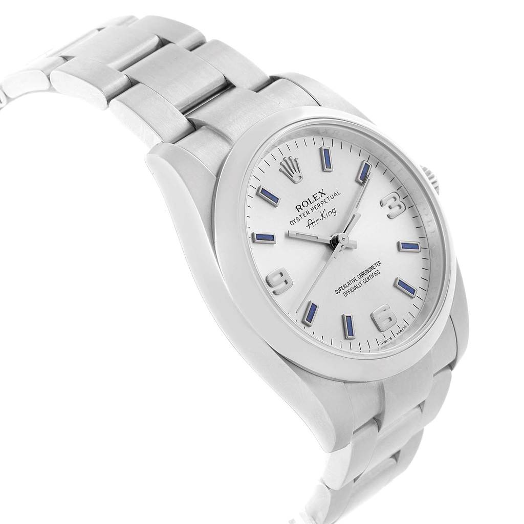 The image shows a Rolex Air-King 114200 Men's Stainless Steel Silver Dial 114200 Men's Stainless Steel Silver Dial watch at a slight angle, highlighting the bracelet, case, and face of the watch.