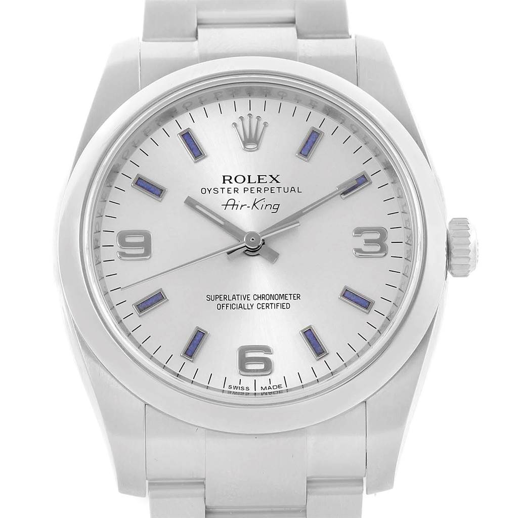 The image shows a front view of the Rolex Air-King 114200 Men's Stainless Steel Silver Dial 114200 Men's Stainless Steel Silver Dial watch, highlighting the dial, hands, crown, and bracelet.