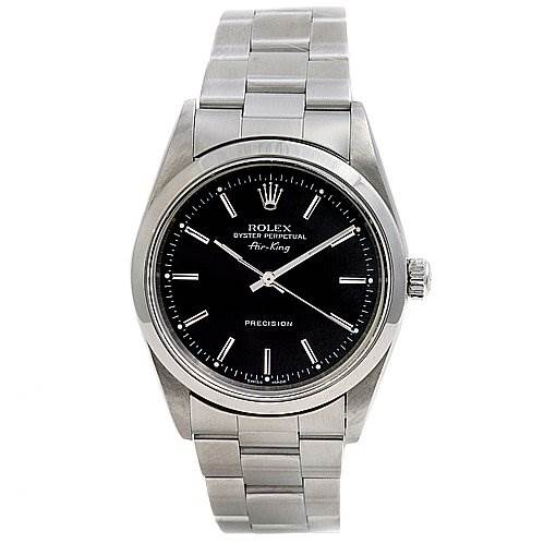 This image shows a front view of a Rolex Air-King 14000 Men's Stainless Steel Black Dial 14000 Men's Stainless Steel Black Dial watch, displaying its black dial, stainless steel casing, and bracelet.