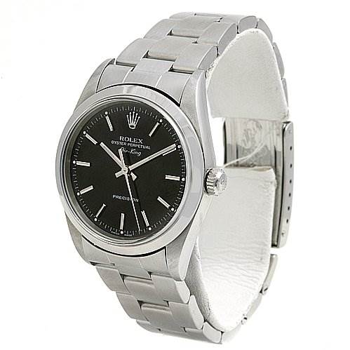 The image shows a Rolex Air-King 14000 Men's Stainless Steel Black Dial 14000 Men's Stainless Steel Black Dial watch at a slight angle, highlighting the black dial, bezel, and stainless steel bracelet.