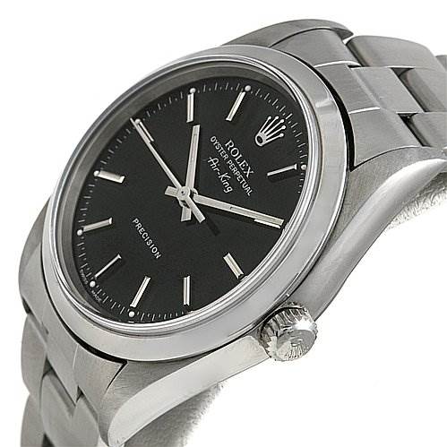 The image shows a Rolex Air-King 14000 Men's Stainless Steel Black Dial 14000 Men's Stainless Steel Black Dial watch at a slight side angle, highlighting its black dial, stainless steel case, and bracelet.