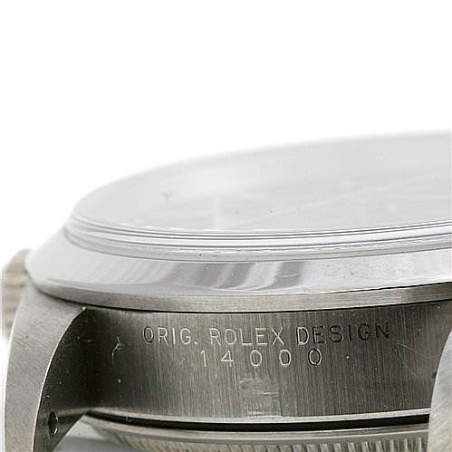 The image shows the side of a Rolex Air-King 14000 Men's Stainless Steel Black Dial 14000 Men's Stainless Steel Black Dial watch, focusing on the case edge engravings and part of the bezel.