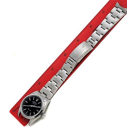 The image shows a Rolex Air-King 14000 Men's Stainless Steel Black Dial 14000 Men's Stainless Steel Black Dial watch laid flat with the full bracelet and clasp visible next to a measuring ruler.