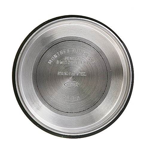 This image shows the inner case back of a Rolex Air-King 14000 Men's Stainless Steel Black Dial 14000 Men's Stainless Steel Black Dial watch, engraved with the brand's details and material information.