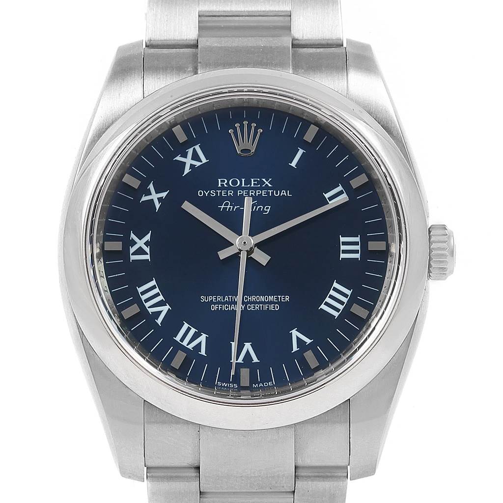 This image shows a front view of a Rolex Air-King 114200 Men's Stainless Steel Blue Dial 114200 Men's Stainless Steel Blue Dial watch displaying the face, bezel, crown, and part of the bracelet.
