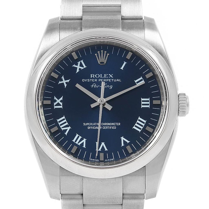 Rolex Air King 34 Blue Roman Dial Domed Bezel Mens Watch 114200 SwissWatchExpo