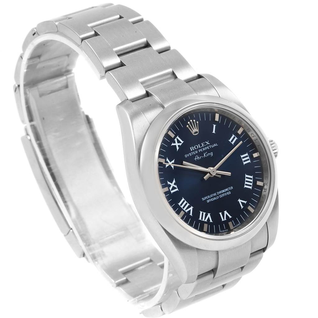 The image shows a Rolex Air-King 114200 Men's Stainless Steel Blue Dial 114200 Men's Stainless Steel Blue Dial watch, angled from the left, displaying the face, bezel, crown, and bracelet.