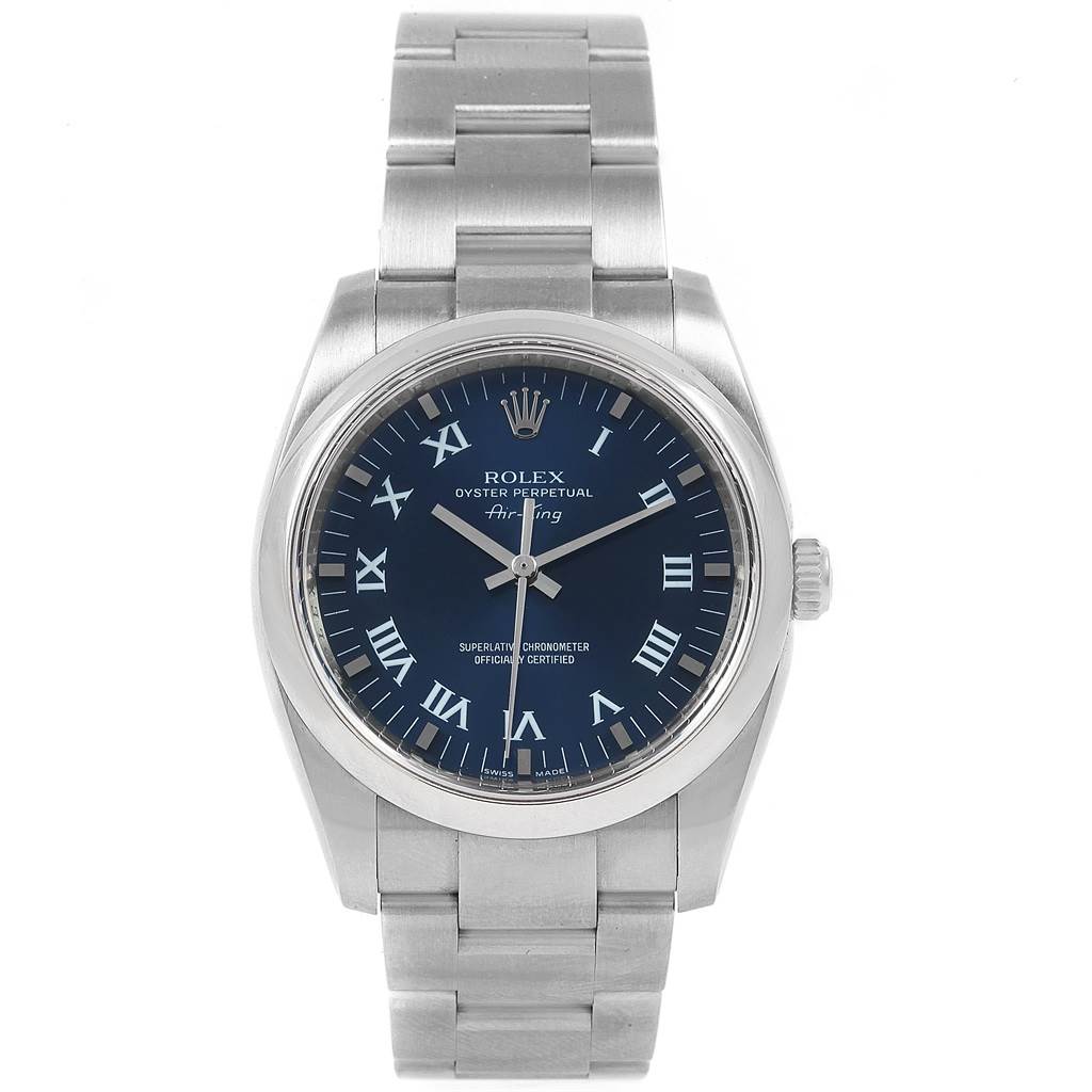 The image shows a front view of a Rolex Air-King 114200 Men's Stainless Steel Blue Dial 114200 Men's Stainless Steel Blue Dial watch, displaying the dial, hour markers, hands, and bracelet.