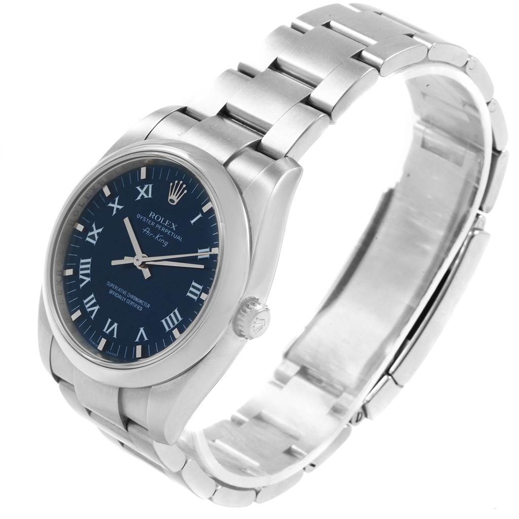 This image shows a Rolex Air-King 114200 Men's Stainless Steel Blue Dial 114200 Men's Stainless Steel Blue Dial watch at a three-quarter angle displaying the face, crown, and bracelet.