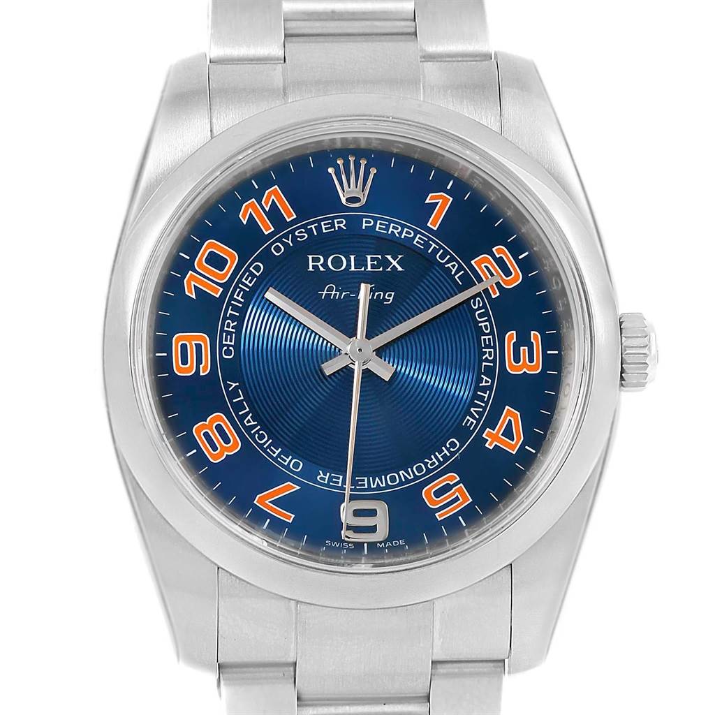 This image shows a top-down view of the Rolex Air-King 114200 Men's Stainless Steel Blue Dial 114200 Men's Stainless Steel Blue Dial watch, highlighting its face, crown, and part of the bracelet.