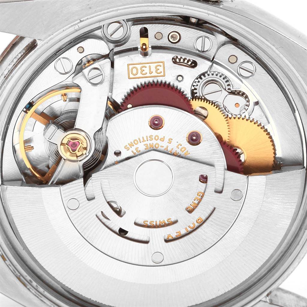 This image shows the inner mechanical movement components of the Rolex Air-King 114200 Men's Stainless Steel Blue Dial 114200 Men's Stainless Steel Blue Dial watch at a close-up angle.