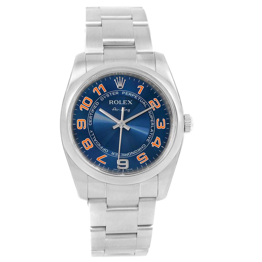The image shows a front view of a Rolex Air-King 114200 Men's Stainless Steel Blue Dial 114200 Men's Stainless Steel Blue Dial watch, displaying its dial, case, and bracelet.