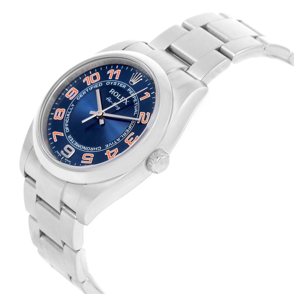 The image shows a side angle of a Rolex Air-King 114200 Men's Stainless Steel Blue Dial 114200 Men's Stainless Steel Blue Dial watch, highlighting its dial, bezel, crown, and bracelet.