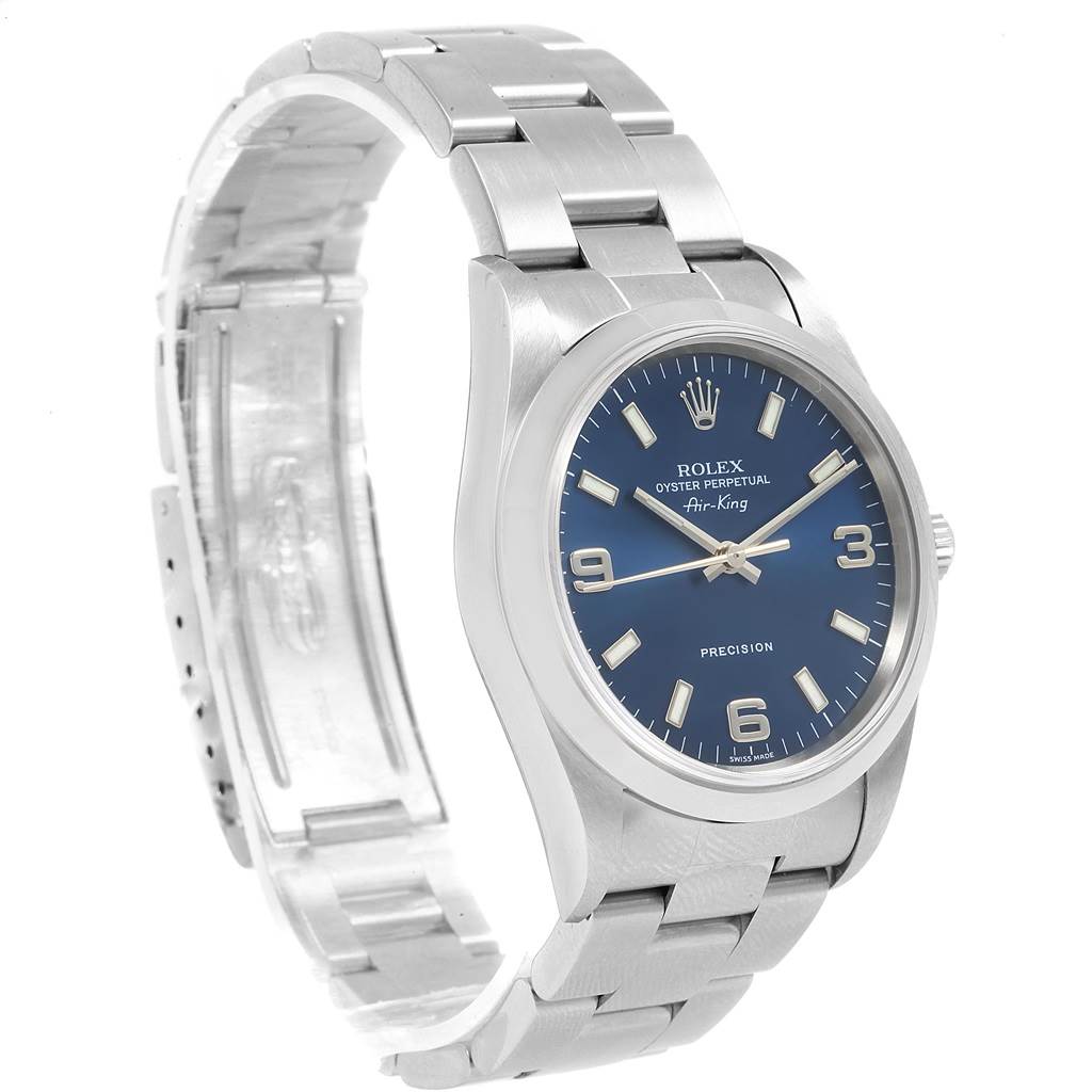 The image shows a Rolex Air-King 14000 Men's Stainless Steel Blue Dial 14000 Men's Stainless Steel Blue Dial watch at a three-quarter angle, highlighting the face, bezel, and stainless steel bracelet.