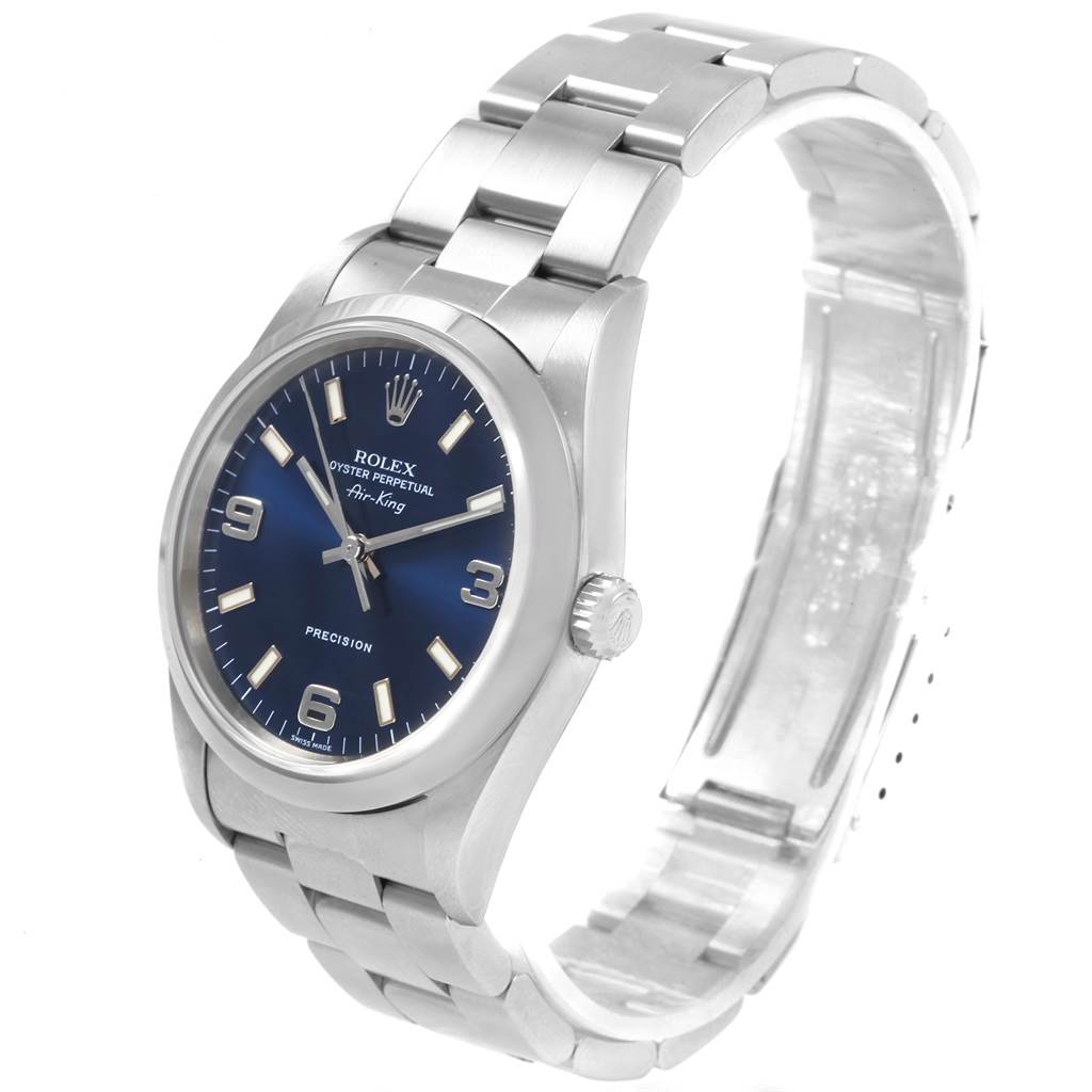 The image shows a side angle of a Rolex Air-King 14000 Men's Stainless Steel Blue Dial 14000 Men's Stainless Steel Blue Dial watch, featuring the watch face, crown, and part of the bracelet.