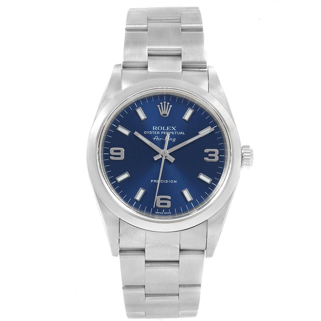 The image shows a front view of the Rolex Air-King 14000 Men's Stainless Steel Blue Dial 14000 Men's Stainless Steel Blue Dial watch, displaying the face, bezel, and metal bracelet.