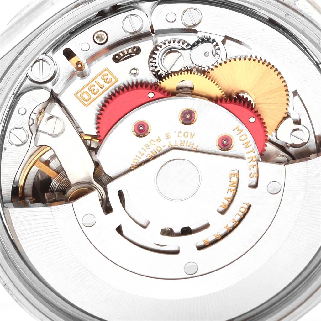 This image shows the intricate internal movement mechanism of a Rolex Air-King 14000 Men's Stainless Steel Blue Dial 14000 Men's Stainless Steel Blue Dial watch from a top-down angle.