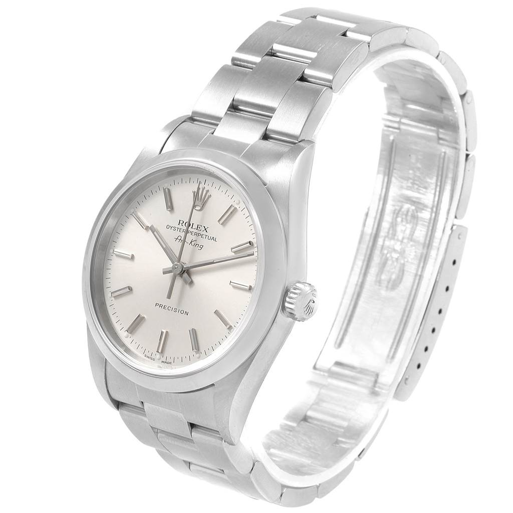 The Rolex Air-King 14000 Men's Stainless Steel Silver Dial 14000 Men's Stainless Steel Silver Dial is shown at a three-quarter angle, displaying its face, crown, and partially unfastened bracelet.