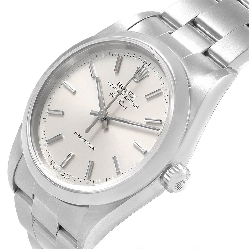 The image shows a Rolex Air-King 14000 Men's Stainless Steel Silver Dial 14000 Men's Stainless Steel Silver Dial watch at a slightly tilted angle, highlighting the face, bezel, crown, and part of the bracelet.