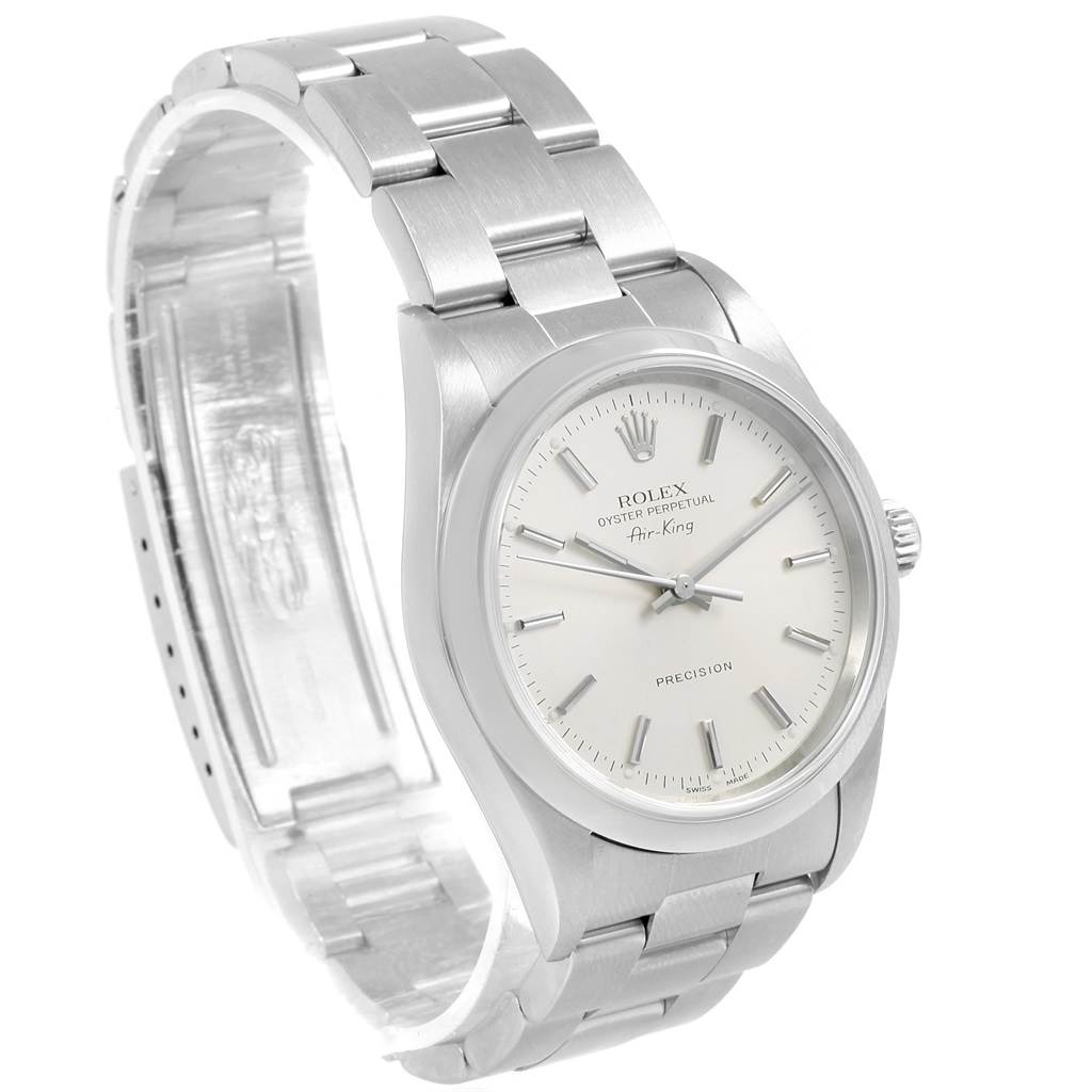 The Rolex Air-King 14000 Men's Stainless Steel Silver Dial 14000 Men's Stainless Steel Silver Dial watch is shown at an angled view, displaying the face, case, and stainless steel bracelet.