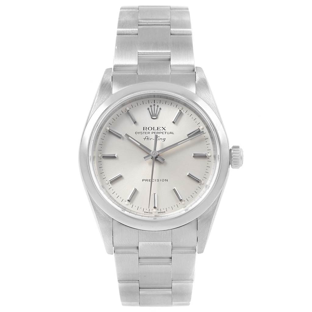 The image shows a front view of a Rolex Air-King 14000 Men's Stainless Steel Silver Dial 14000 Men's Stainless Steel Silver Dial watch with a metal bracelet and silver dial.