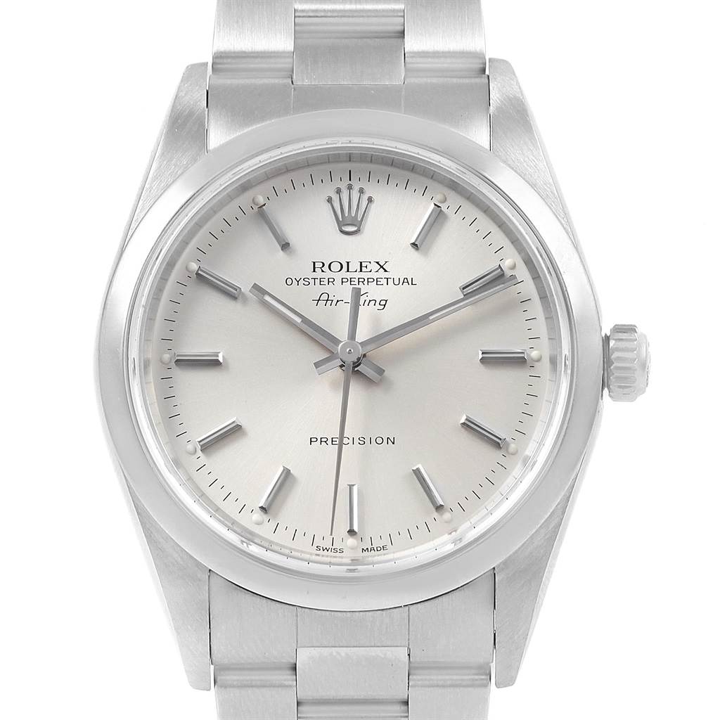 The image shows a front view of a Rolex Air-King 14000 Men's Stainless Steel Silver Dial 14000 Men's Stainless Steel Silver Dial watch, highlighting the dial, hands, crown, and part of the bracelet.