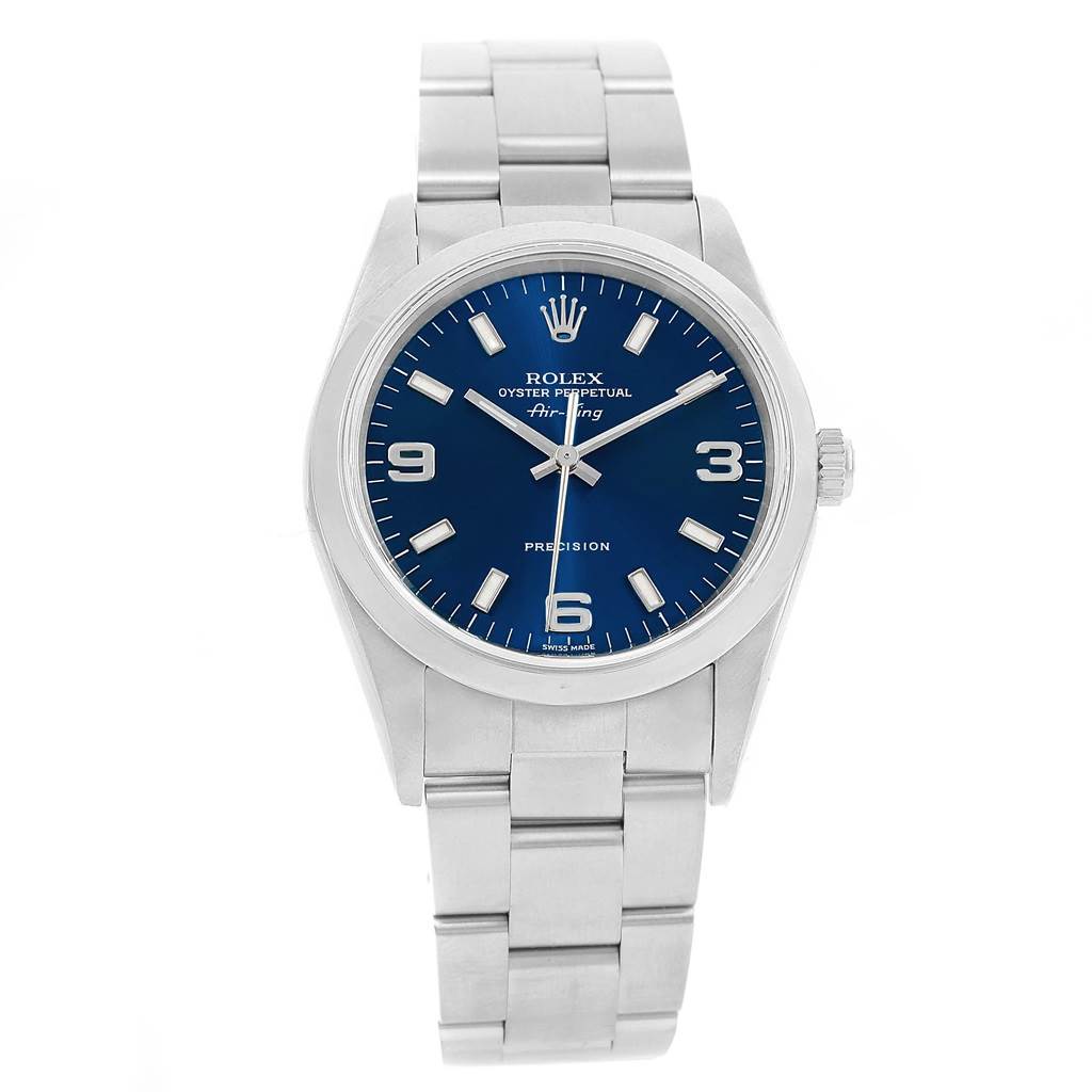 This image shows a front view of the Rolex Air-King 14000 Men's Stainless Steel Blue Dial 14000 Men's Stainless Steel Blue Dial watch, highlighting its blue dial, bracelet, and crown.