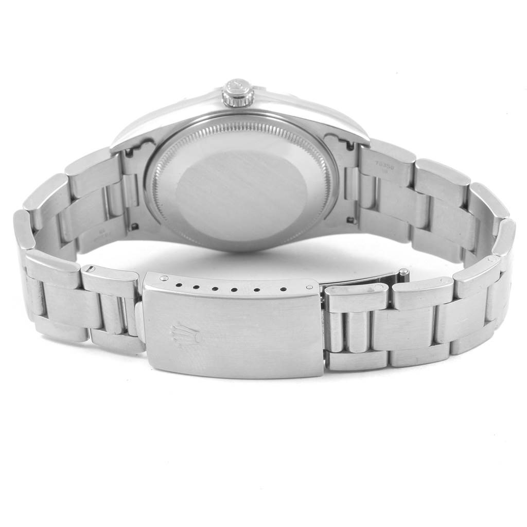 The image shows the back case and bracelet clasp of a Rolex Air-King 14000 Men's Stainless Steel Blue Dial 14000 Men's Stainless Steel Blue Dial watch from a rear angle.