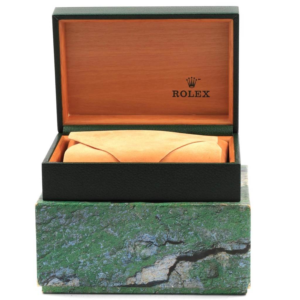 The image shows an open Rolex watch box for the Air-King model with the cushion inside, viewed from the front.
