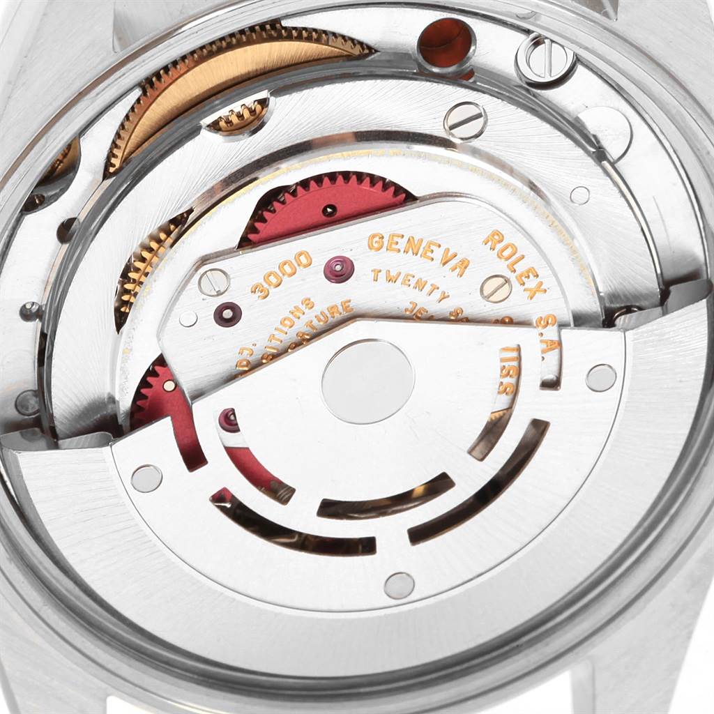 This image shows a close-up of the movement inside a Rolex Air-King 14000 Men's Stainless Steel Blue Dial 14000 Men's Stainless Steel Blue Dial watch.