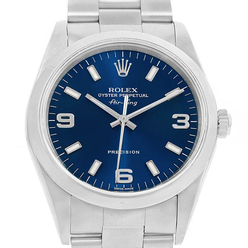 The image shows a frontal view of the Rolex Air-King 14000 Men's Stainless Steel Blue Dial 14000 Men's Stainless Steel Blue Dial watch, highlighting the dial, hands, numerals, and part of the bracelet.