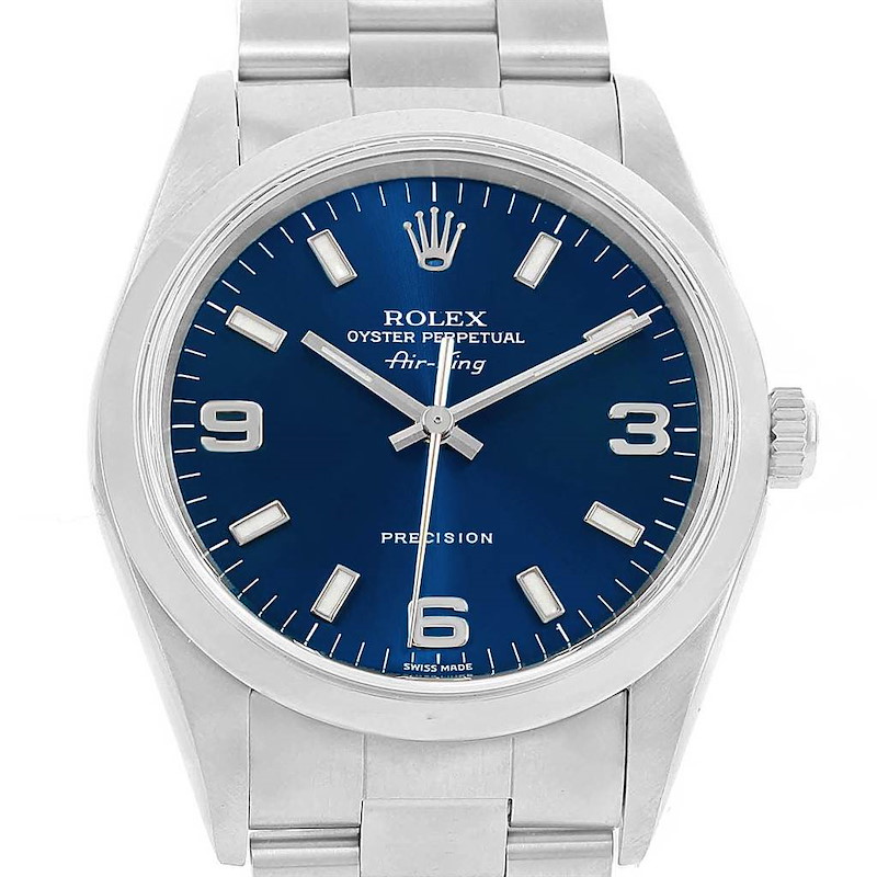 Rolex Air King 34 Blue Dial Smooth Bezel Steel Mens Watch 14000 SwissWatchExpo