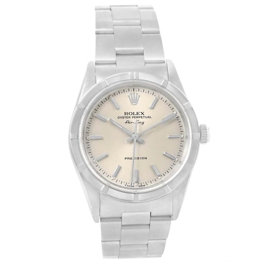The image shows a front angle of a Rolex Air-King 14010 Men's Stainless Steel Silver Dial 14010 Men's Stainless Steel Silver Dial watch, highlighting its dial, bezel, bracelet, and crown.